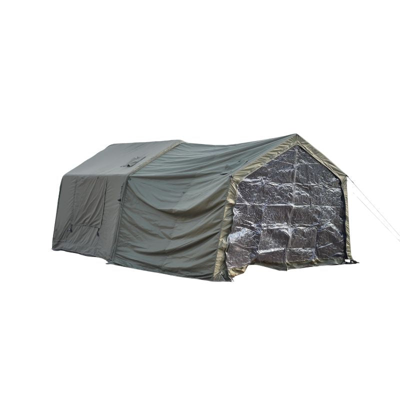 Gray tent with reflective material on a white background