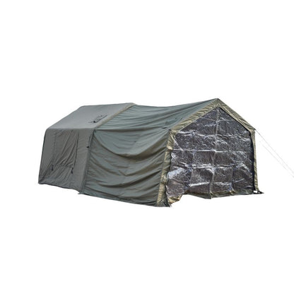 Gray tent with reflective material on a white background