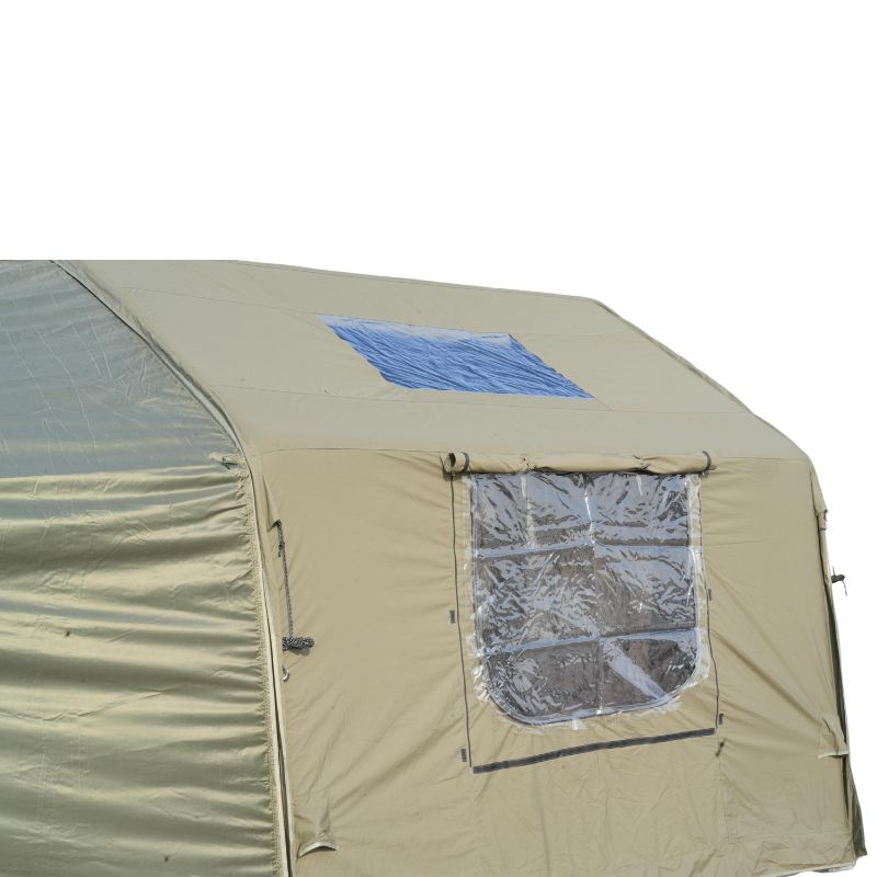 Beige tent with a window and blue patch on a white background