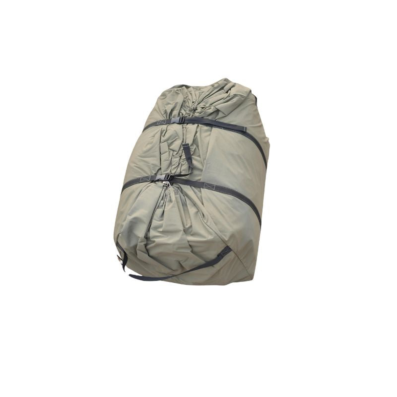 Light gray backpack with black straps on a white background