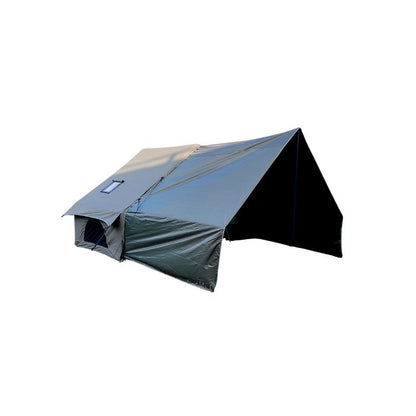 Army green 6+6㎡ TC polycotton inflatable tent with double AB doors, single skylight and black vinyl pole canopy on white background