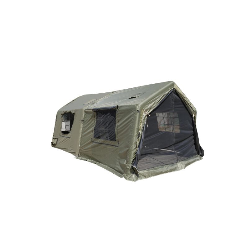 Army green 8+8㎡ TC polycotton one bedroom one living room inflatable glamping tent with blackout extension on white background