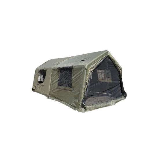 Army green 8+8㎡ TC polycotton one bedroom one living room inflatable glamping tent with blackout extension on white background