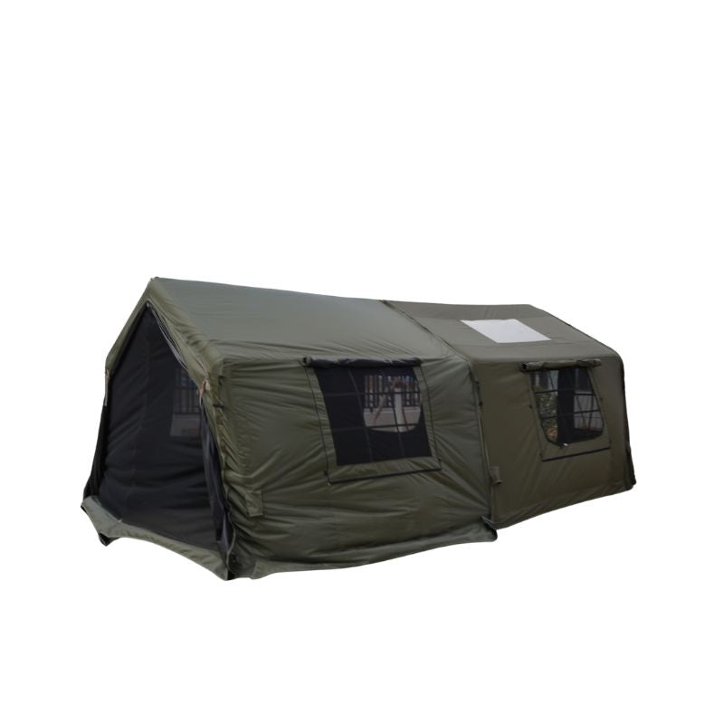 Green camping tent with mesh windows on a white background