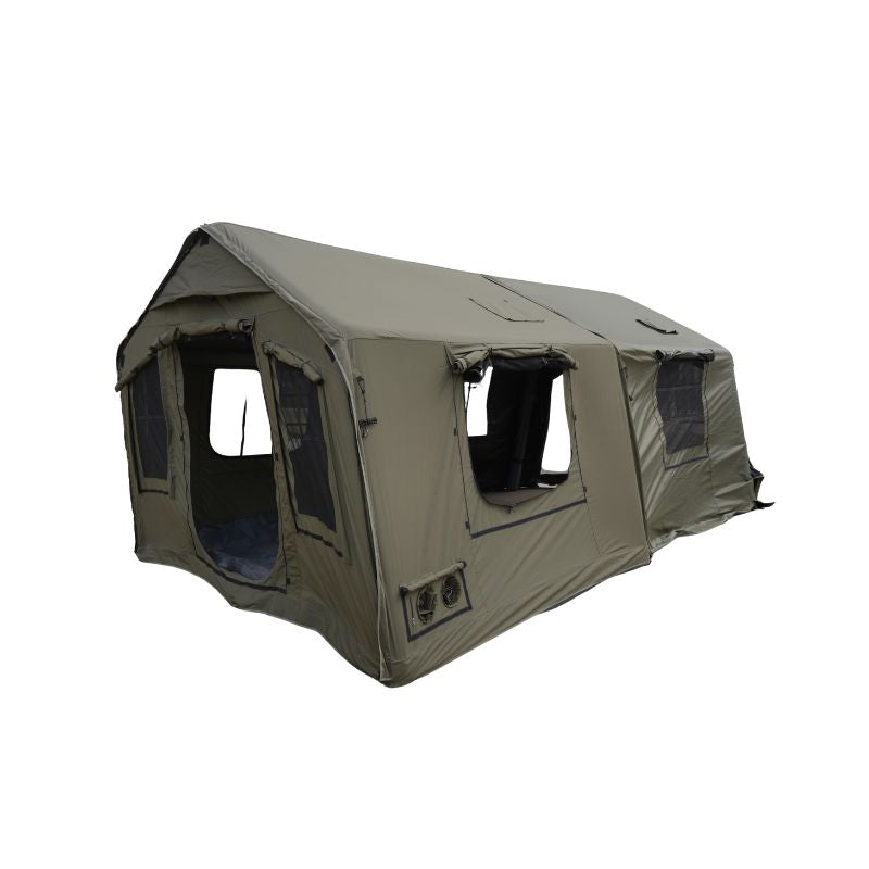 Green camping tent with windows on a white background