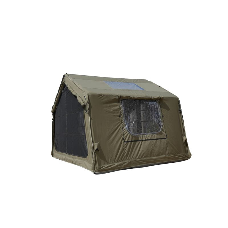 Green tent with a window on a white background