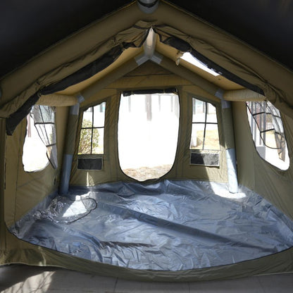 Inside view of a tent with a tarp on the floor