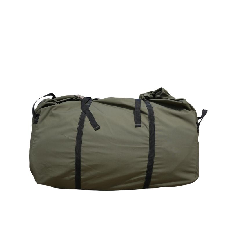 Green duffel bag with black straps on a white background