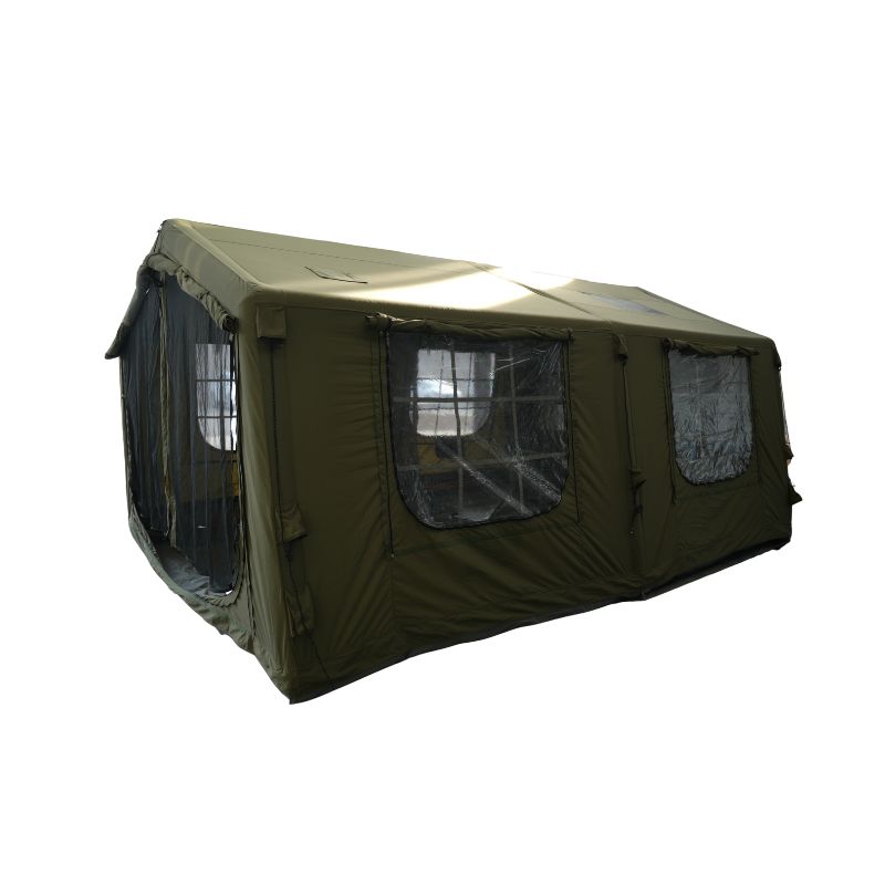 Green tent with clear window panels on a white background