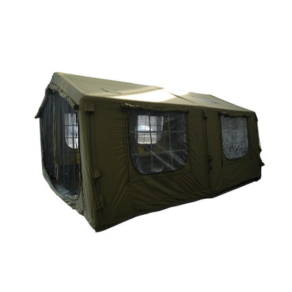 Green tent with clear window panels on a white background