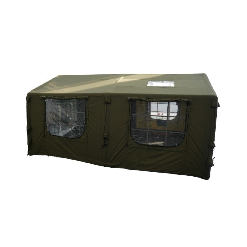 Green tent with mesh windows on a white background