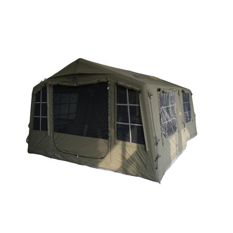 Green outdoor canopy tent with mesh windows on a white background