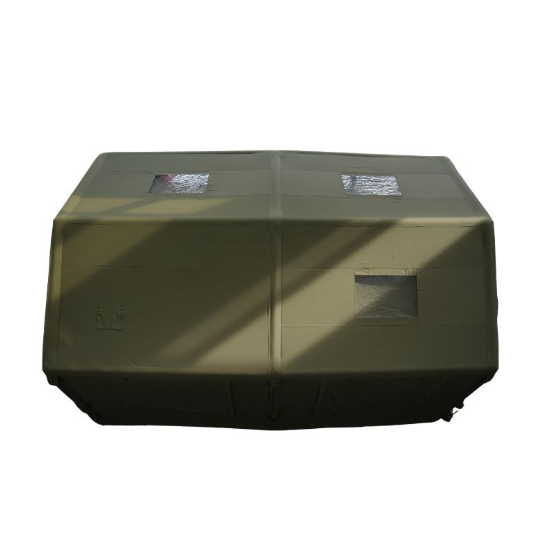 Green rectangular object with clear panels on a white background