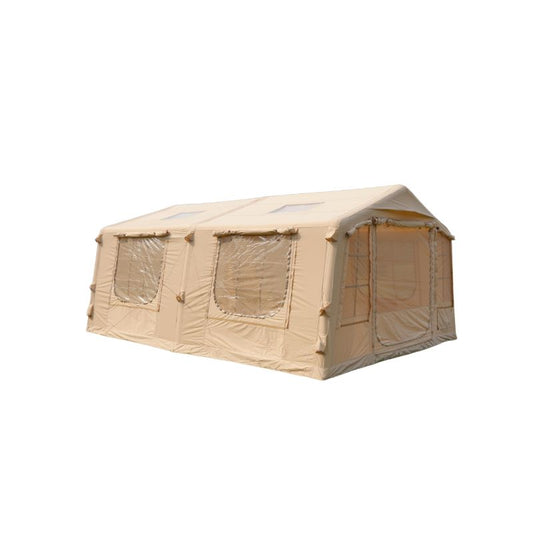 Beige khaki TC cotton inflatable glamping tent with multiple skylights and large mesh windows on white background
