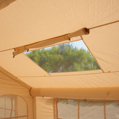 Beige tent with a clear view of trees outside