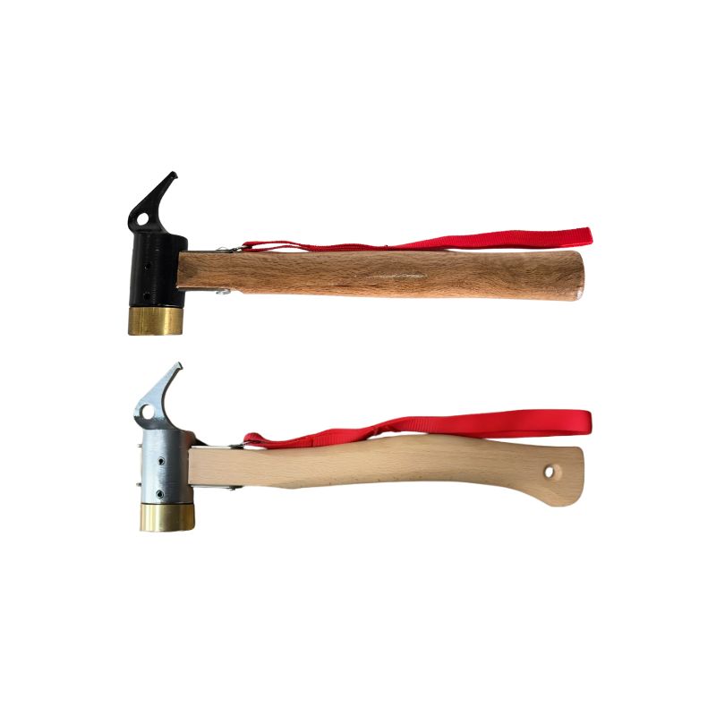 Two hammers with wooden handles and red lanyards on a white background