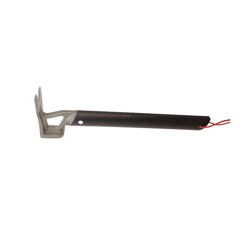 Metal tool with a black handle and red wire on a white background