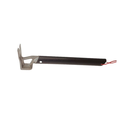 Metal tool with a black handle and red wire on a white background