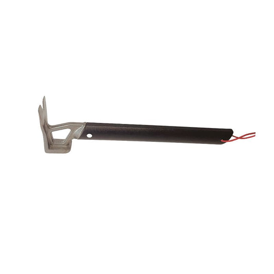 Metal tool with a black handle and red wire on a white background