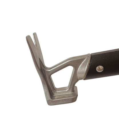 Close-up of a gardening tool with a metal head and brown handle on a white background