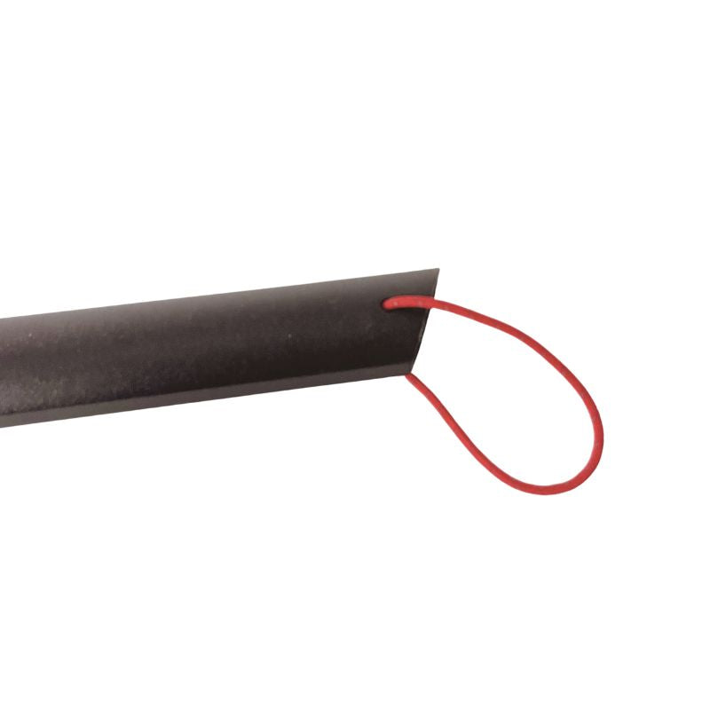 Black cable with a red tag on a white background
