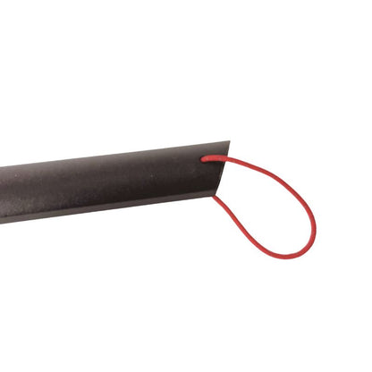 Black cable with a red tag on a white background
