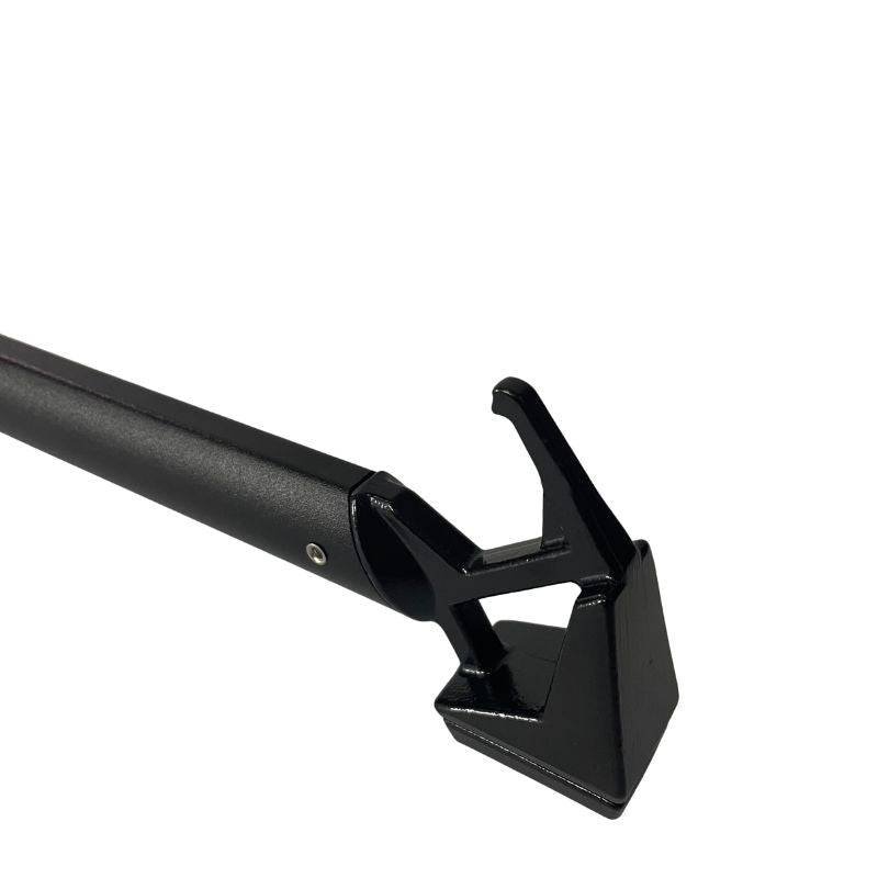 Black metal rod with a hook on a white background