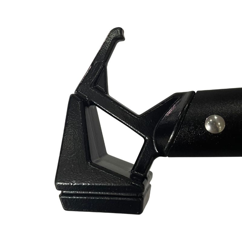 Black metal tool with a hook-like end on a white background
