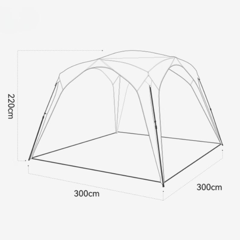 Measurement chart of a tent with dimensions labeled