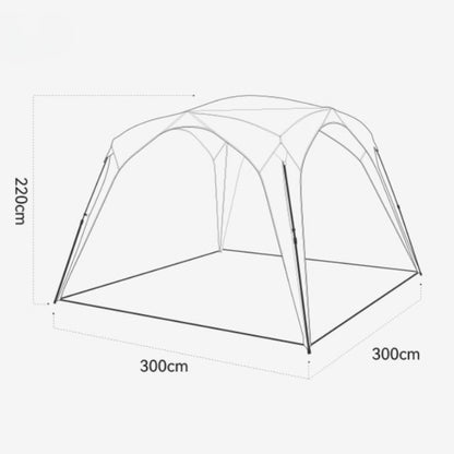 Measurement chart of a tent with dimensions labeled