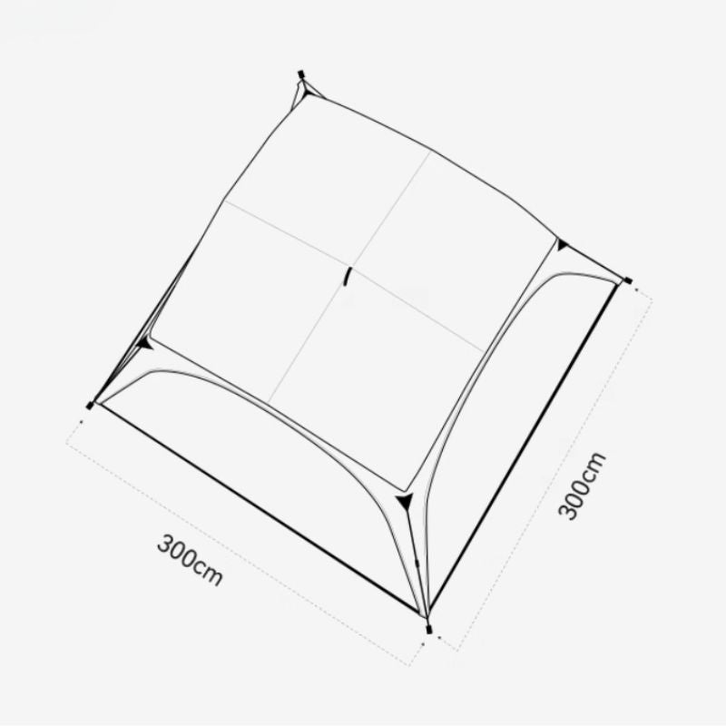 Technical drawing of a tent with dimensions labeled