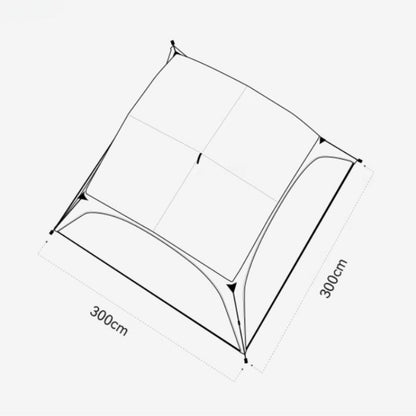 Technical drawing of a tent with dimensions labeled