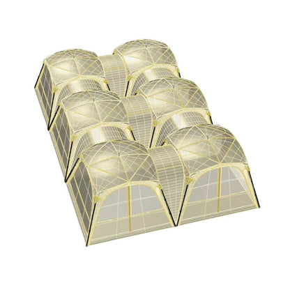 Set of six transparent greenhouses with black frames on a white background