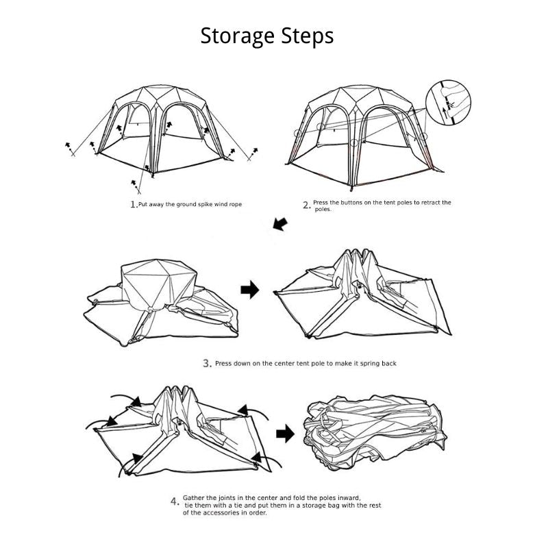 Step-by-step diagram of a tent storage process on a white background