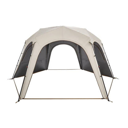 Beige titanium blackout dome tent with stove jack, large arched entrance, and dark interior on white background