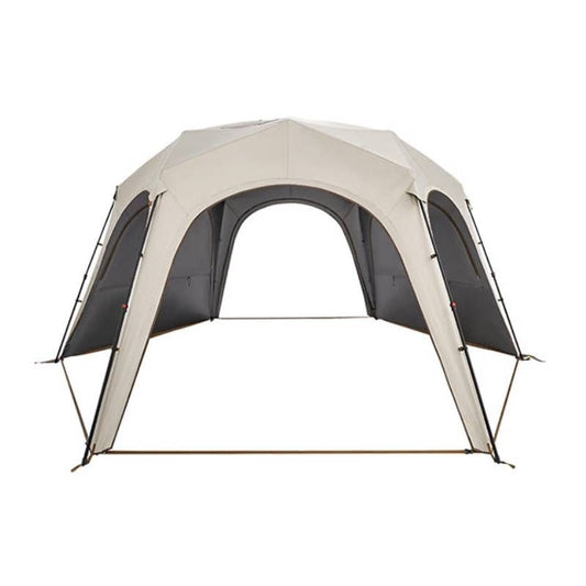 Beige titanium blackout dome tent with stove jack, large arched entrance, and dark interior on white background