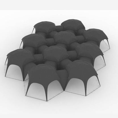 Set of black umbrellas stacked together on a white background