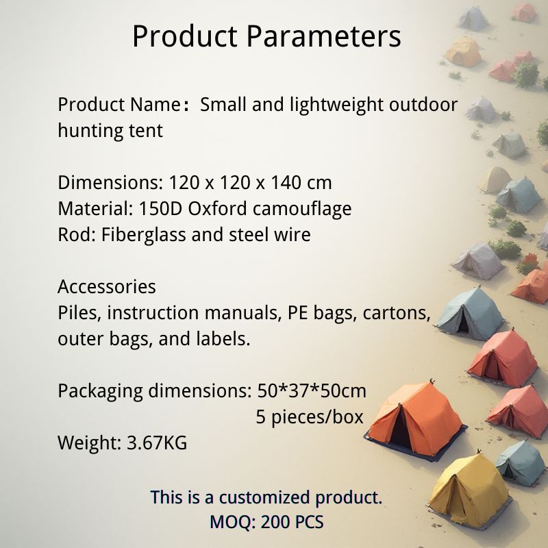 Small and lightweight outdoor hunting tent with product parameters on a desert background
