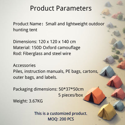 Small and lightweight outdoor hunting tent with product parameters on a desert background