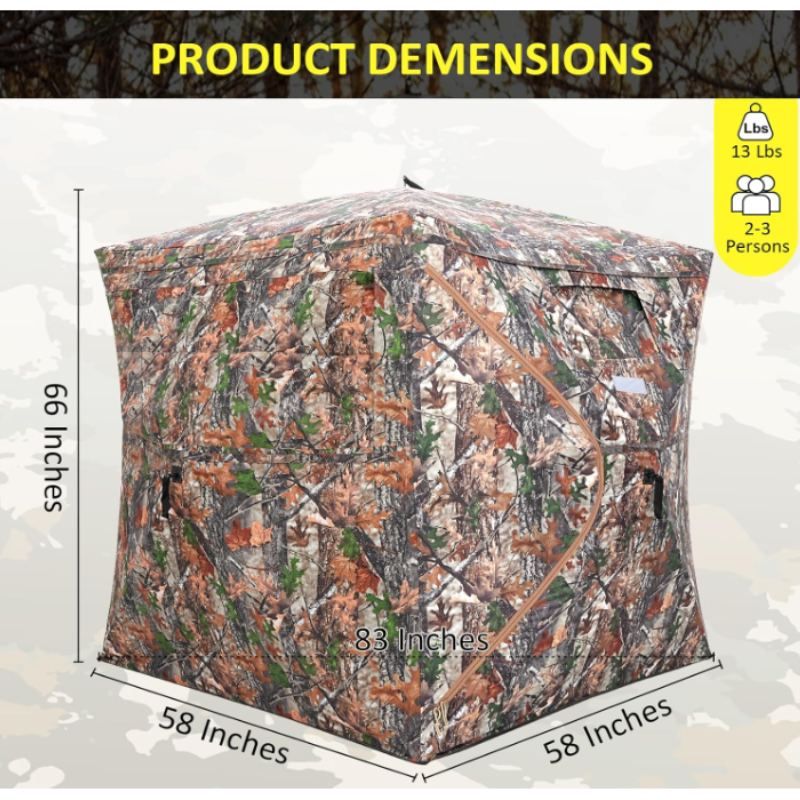 Camouflage hunting blind with dimensions and weight information on a white background