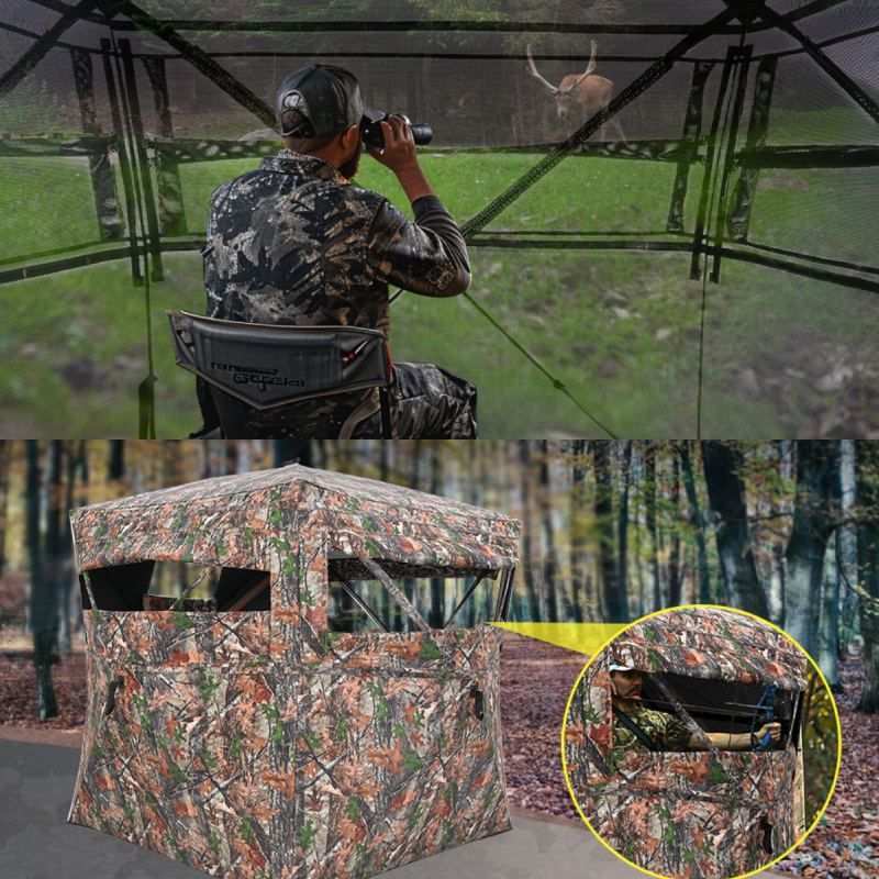 Hunting blind with camouflage pattern and person using binoculars in the background
