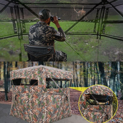 Hunting blind with camouflage pattern and person using binoculars in the background