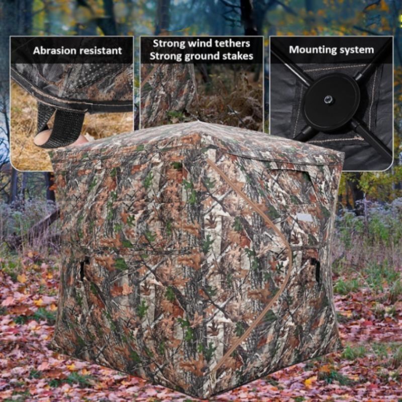 Camouflage hunting blind with features highlighted on a forest background