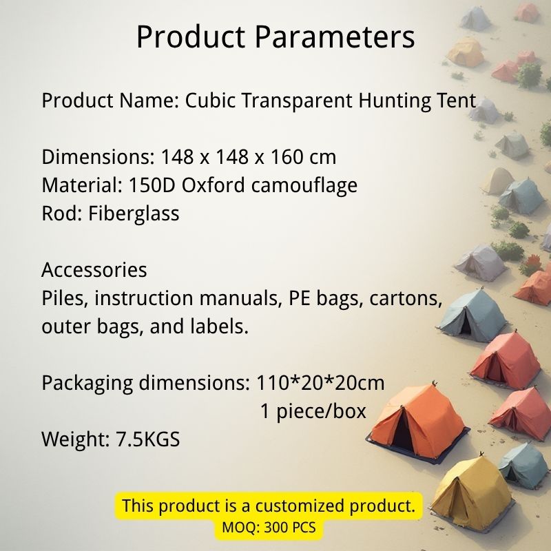 Cubic transparent hunting tent with product parameters on a desert background