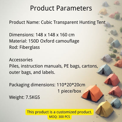 Cubic transparent hunting tent with product parameters on a desert background