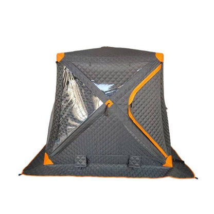 Black insulated ice fishing tent with push-pull hub design, quilted cotton layer, aluminum foil lining, and transparent windows on white background