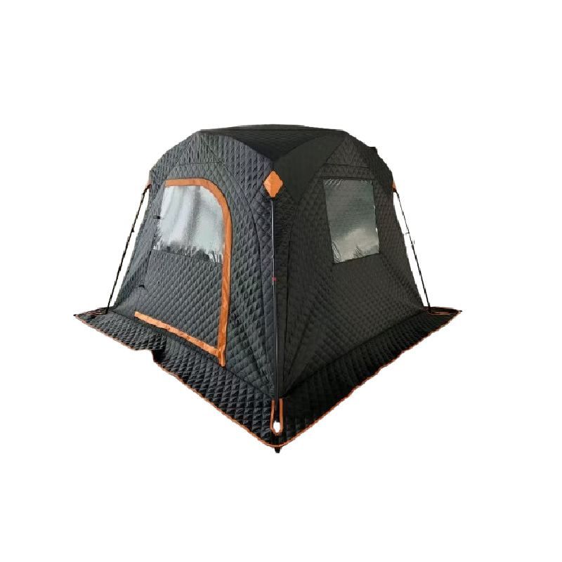Black insulated ice fishing tent with push-pull hub design, quilted cotton layer, aluminum foil lining, and transparent windows on white background