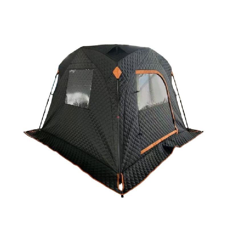 Black insulated ice fishing tent with push-pull hub design, quilted cotton layer, aluminum foil lining, and transparent windows on white background