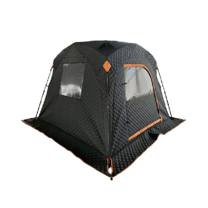Black insulated ice fishing tent with push-pull hub design, quilted cotton layer, aluminum foil lining, and transparent windows on white background