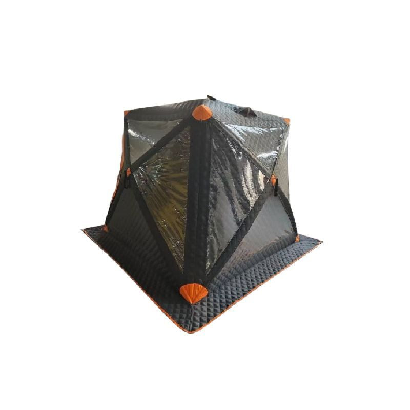 Portable dog house with transparent sides on a white background